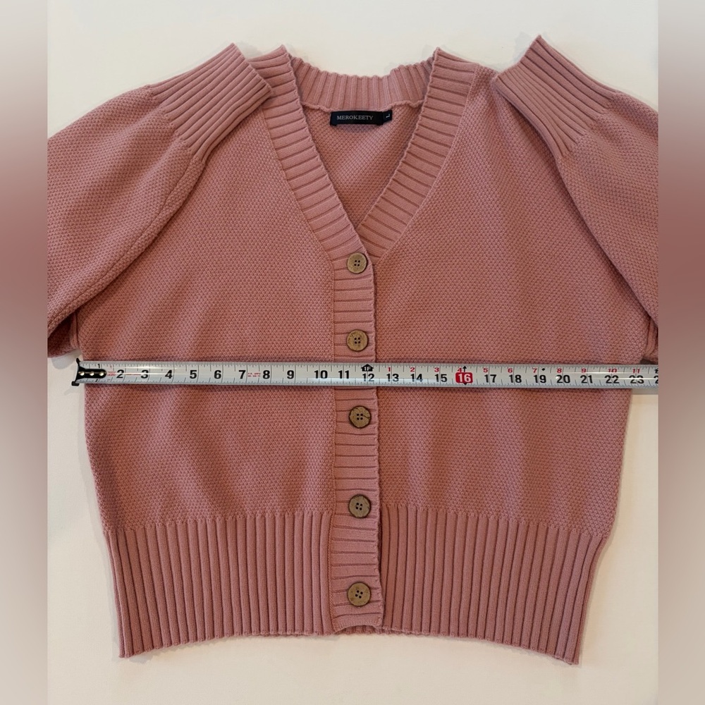 Merokeety Blush Pink Exposed Hem Sleeve Ribbed Stretchy Button-Up Cardigan Large - Picture 4 of 15